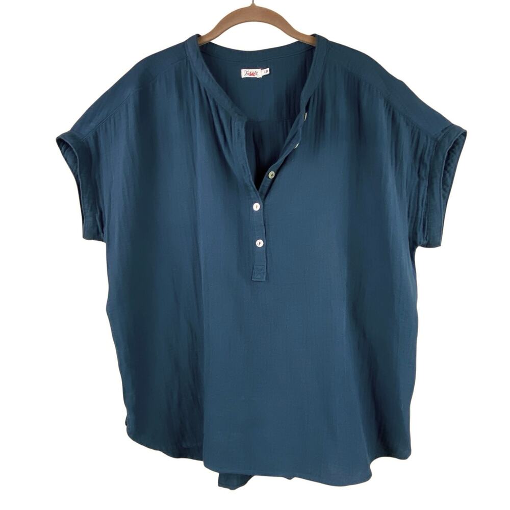 Faherty 100% Organic Cotton Gauze Pop Over Blouse Size L Teal Beach Coastal